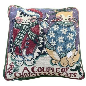 VTG Tapestry Accent Pillow‎ Cat Christmas Novelty Print Holiday Kitsch 11.5x11.5